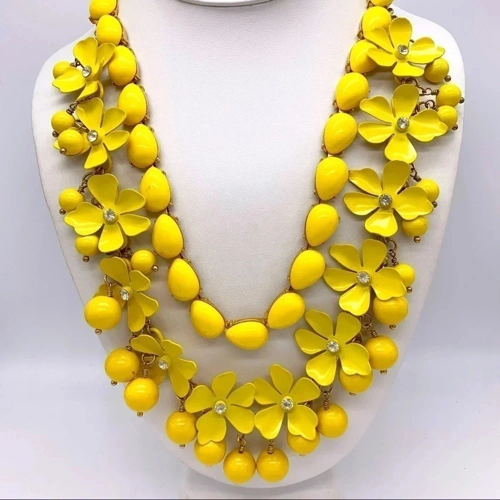 J. Crew Vintage Yellow Enameled Flower and Beaded Necklace